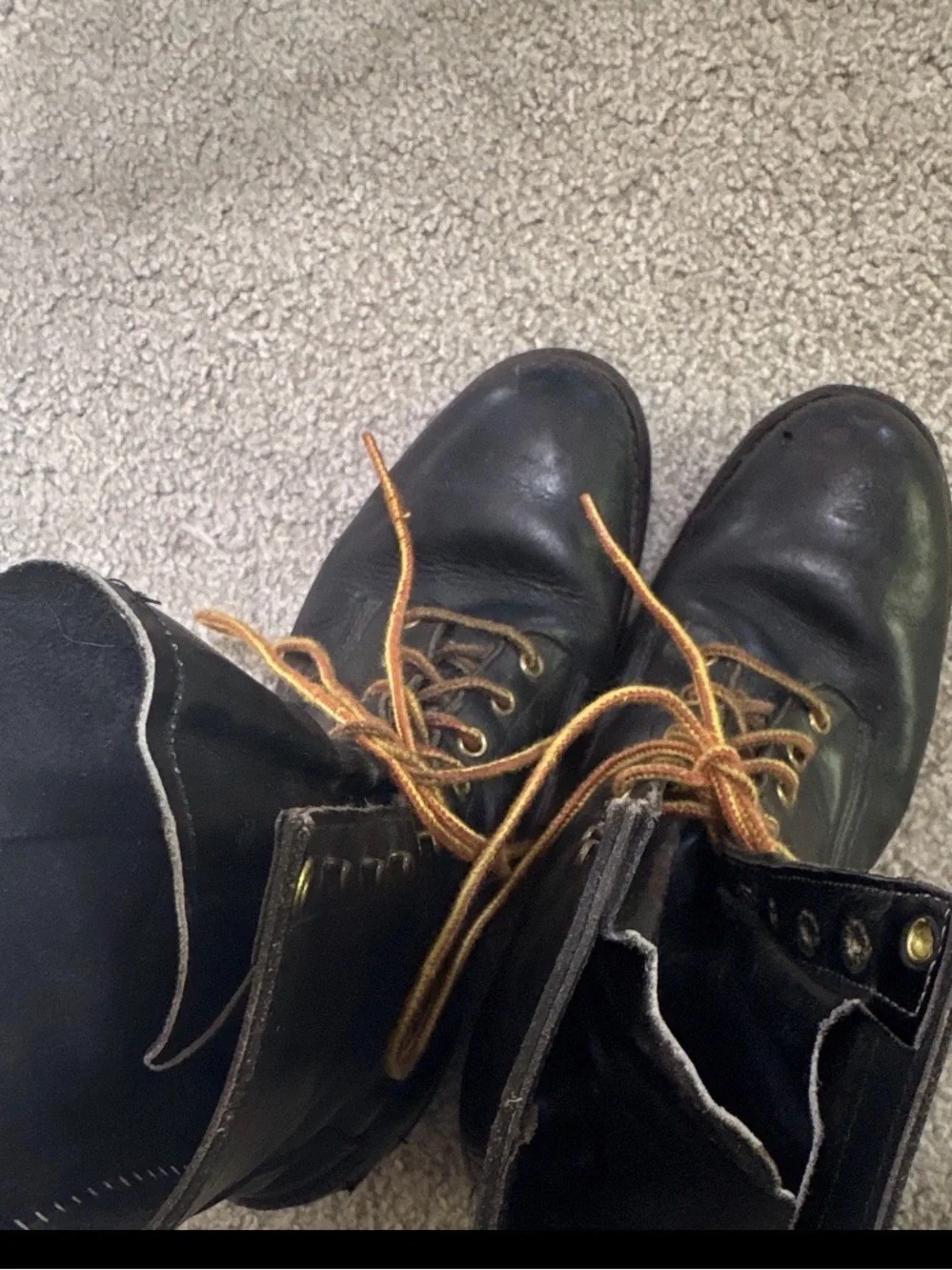 Men's Black Leather Lace-Up Work Boots Mid-Calf Rubber Outsole Round Toe